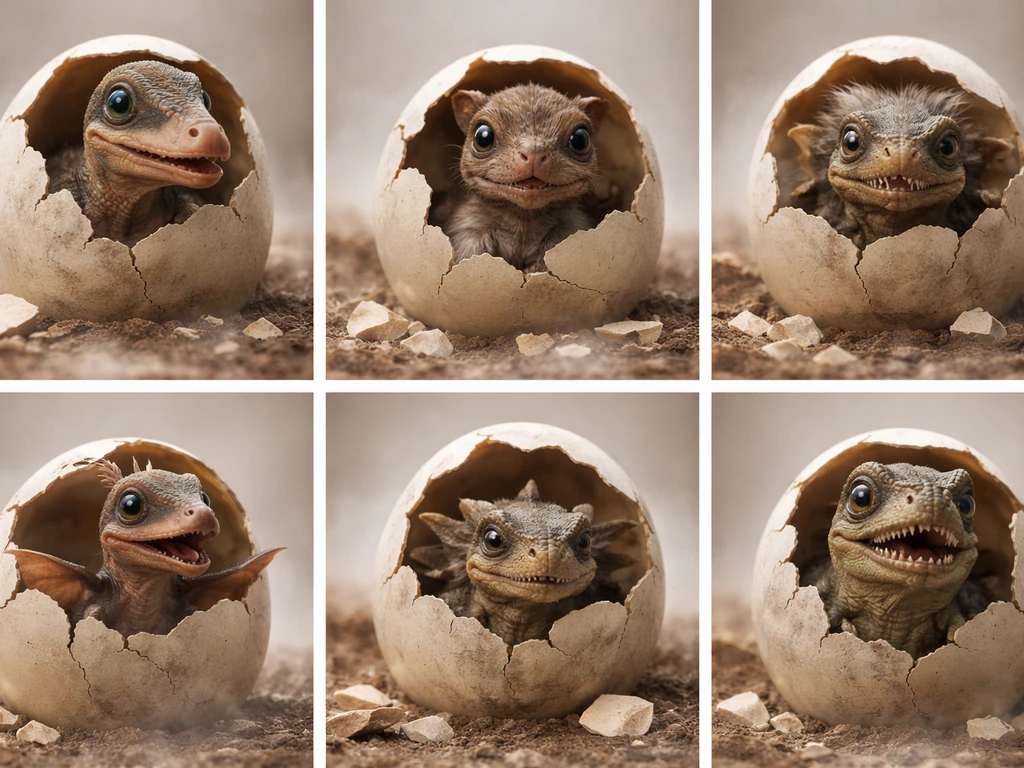 Six egg hatching creatures shown as separate small scenes on a clean neutral background.