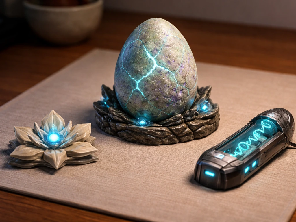 Close-up of a decorative egg prop with bone-blossom and DNA-upgrade items positioned and lit beside it.