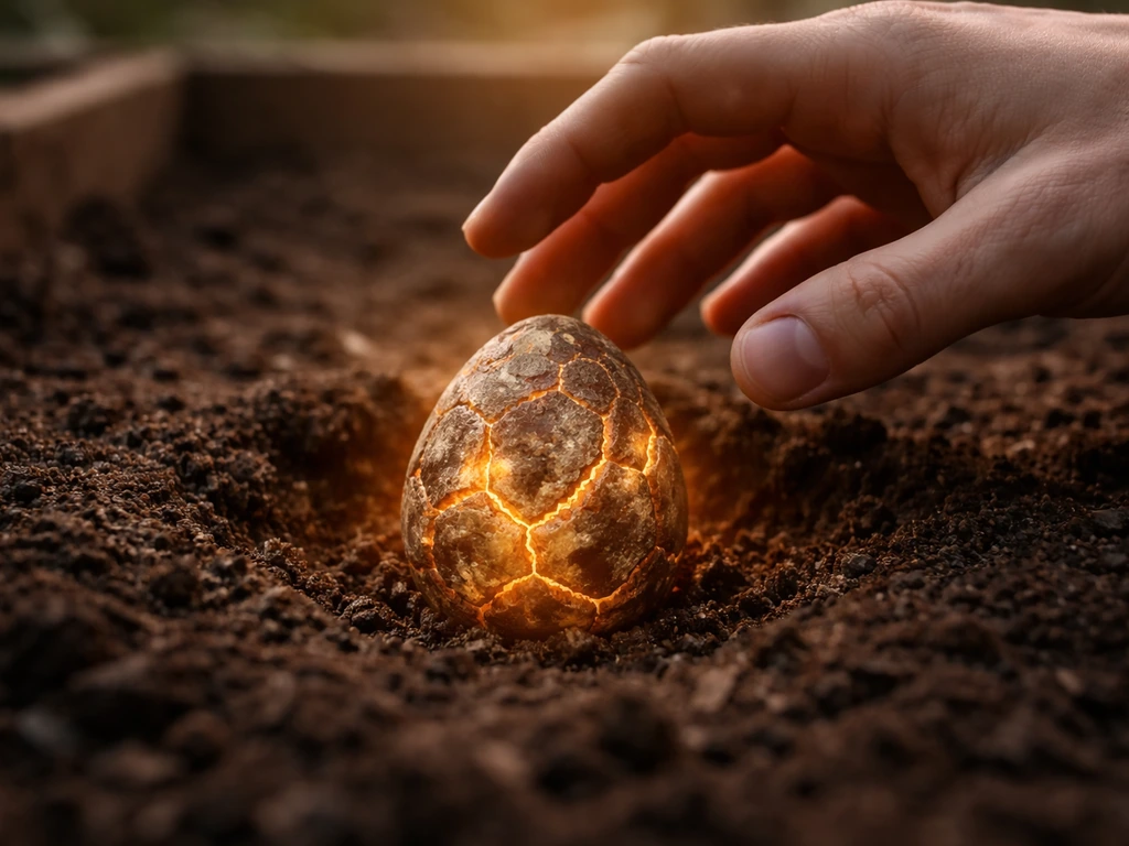 Hand reaching toward a planted egg in soil with a glowing incubation indicator in the background