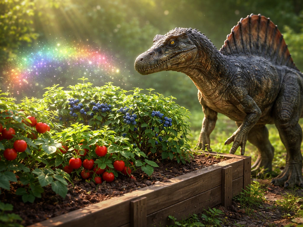 Spinosaurus beside fruit plants with a glowing rainbow-like mutation effect hovering above a crop.