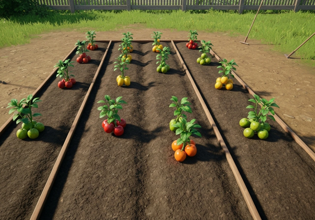 In-game style garden test bed with several colorful fruits grown in rows for a mutation-transfer experiment.