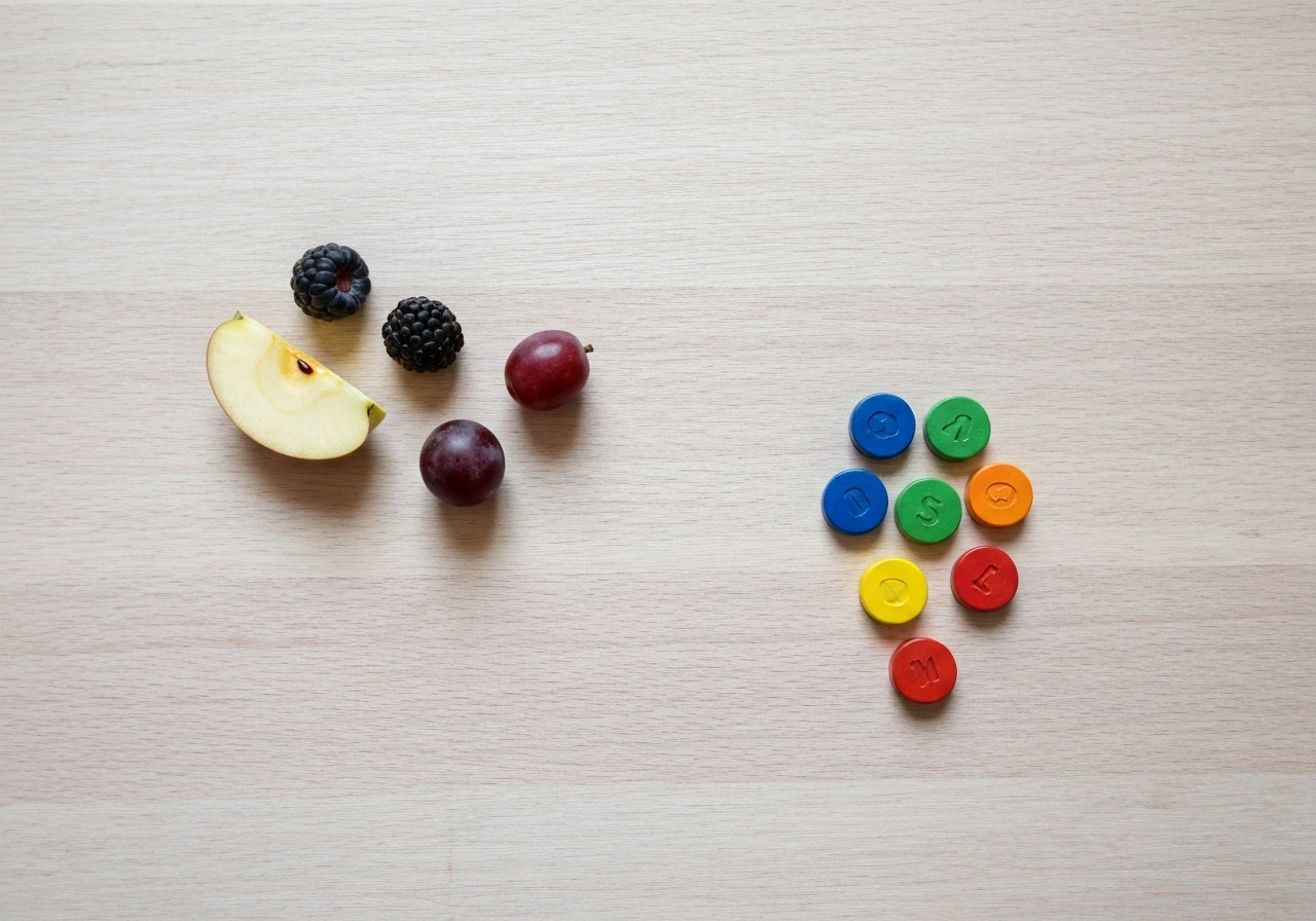 Minimal close-up of a small handful of fruits beside a simple set of colored tokens, suggesting insufficient variety.