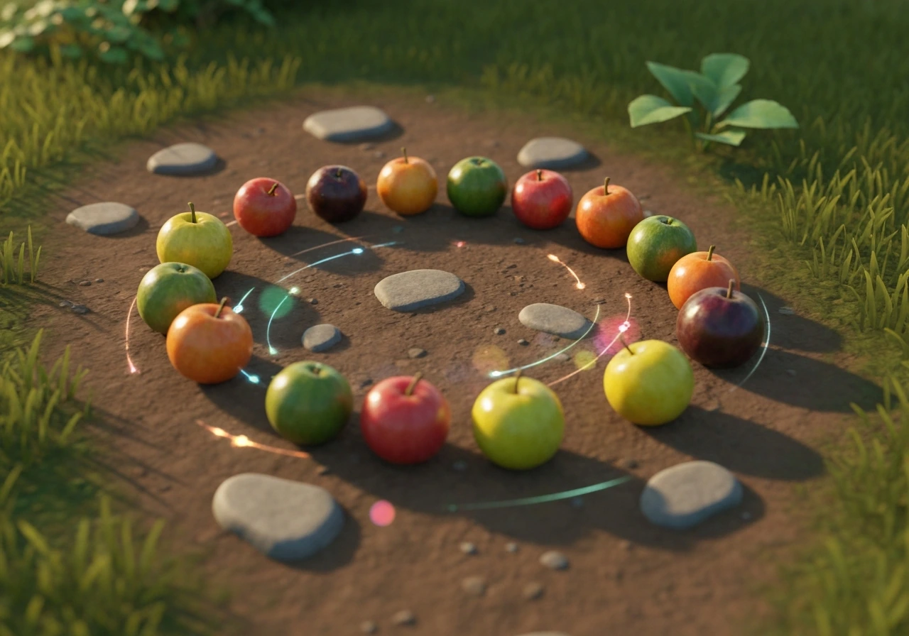 Minimal garden scene with 7–10 ripe fruits arranged to optimize a mutation-spreading pet cycle