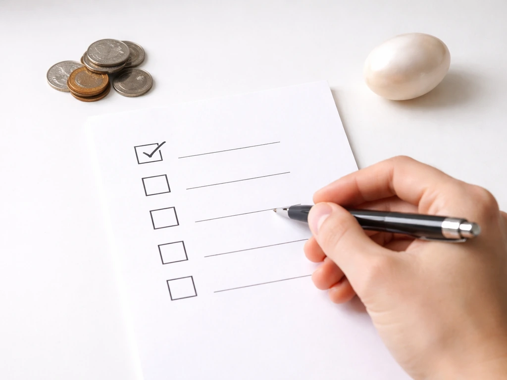 Minimal overhead photo of a hand ticking a checklist beside a coin pile and a single pearly egg.