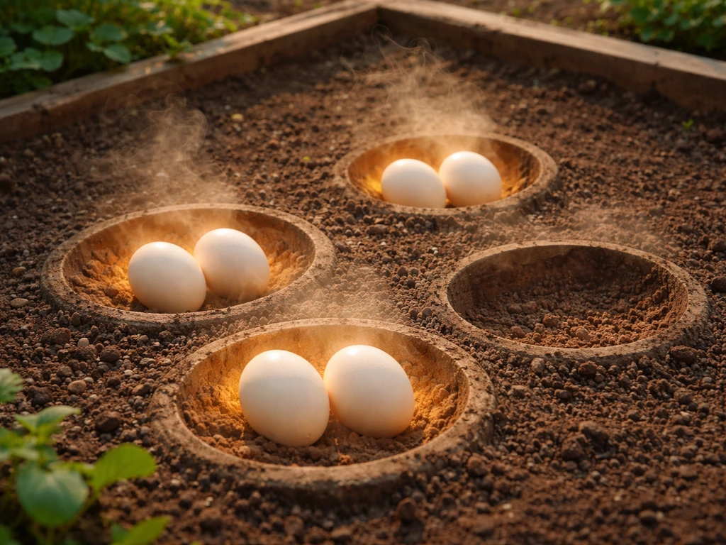 Three incubating egg slots in a garden with one empty slot highlighted by bright sunlight