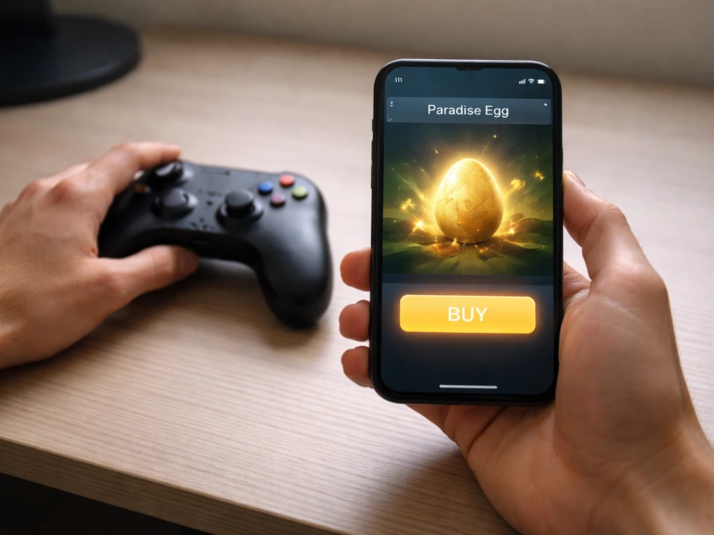A controller and currency on a clean desk as a handheld game screen shows an item purchase prompt moment