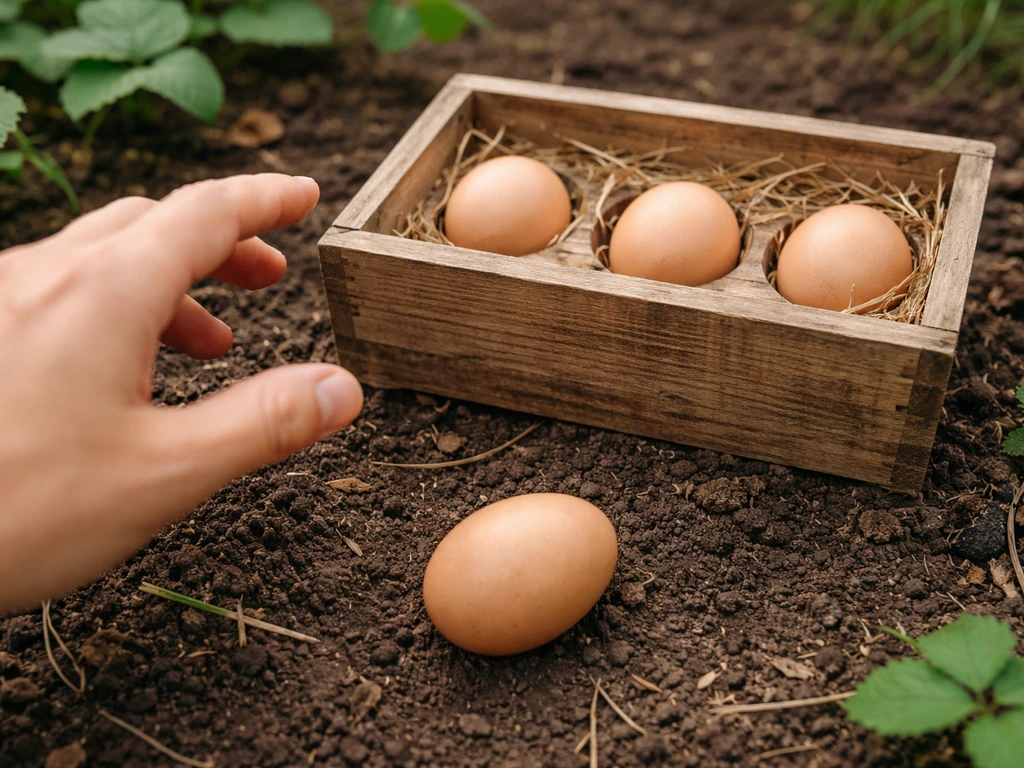 Hand hovering over a garden crate with three egg slots already filled, a new egg ready but unable to fit.