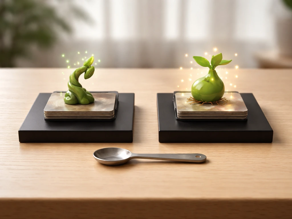 Minimal side-by-side tabletop scene showing a beanstalk and a larger seed/pod with spark highlights.