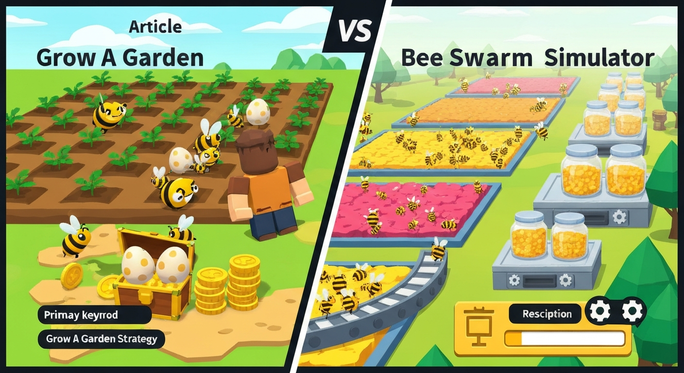 Split-scene Roblox-style illustration comparing Grow A Garden (left: gardening, pet eggs, Sheckles) with Bee Swarm Simulator (right: hive, bees collecting pollen and honey).