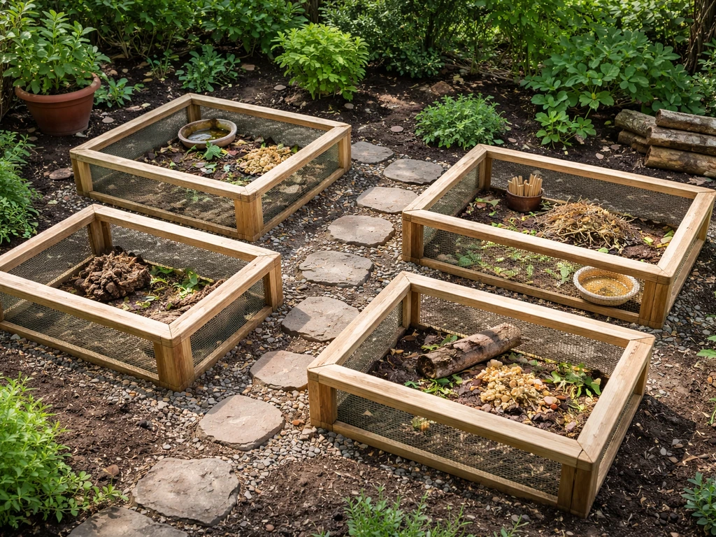Garden with a dedicated bug hut enclosure setup and surrounding beds, logs, and soil plots.