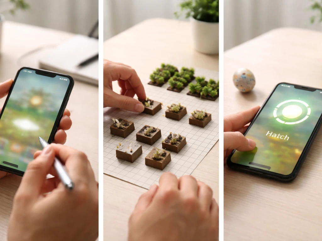 Minimal sequence photo collage: checking balance, planning garden, then viewing bug egg hatch timer.