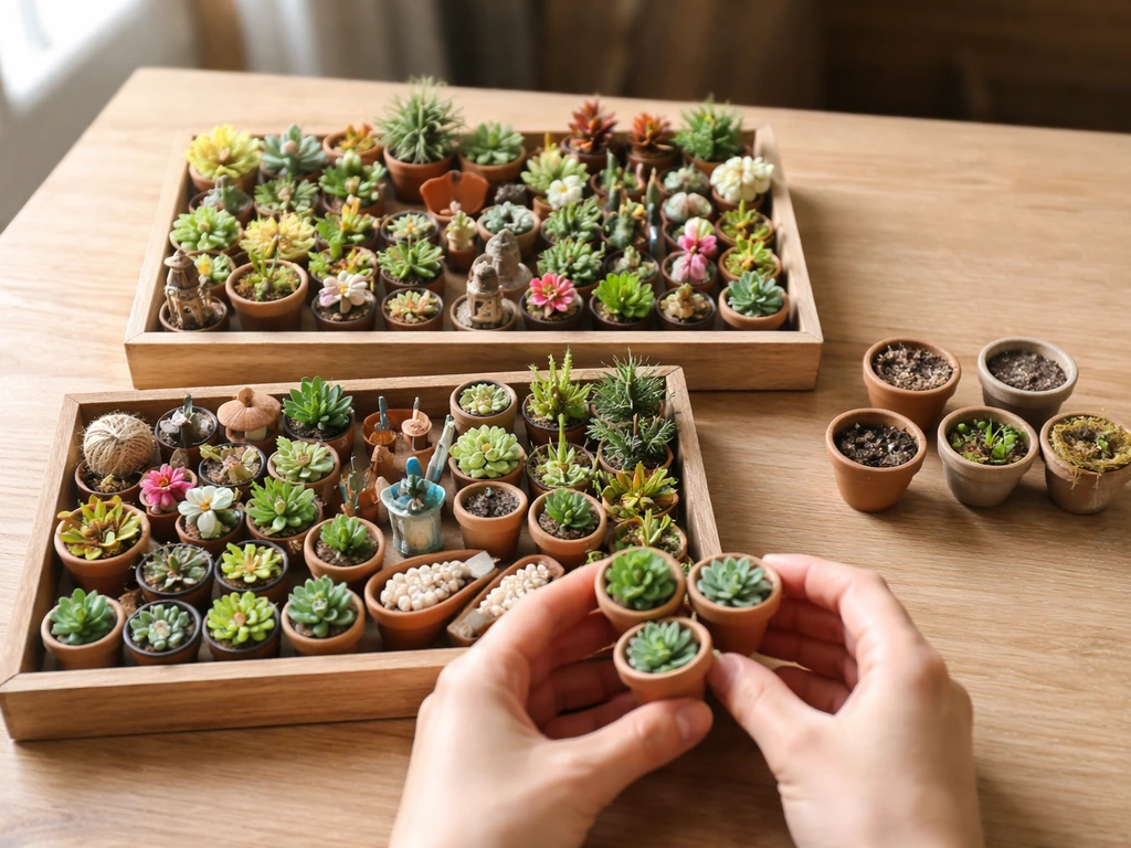 Crowded miniature garden items on a table, with one separated duplicate cluster to remove for space.